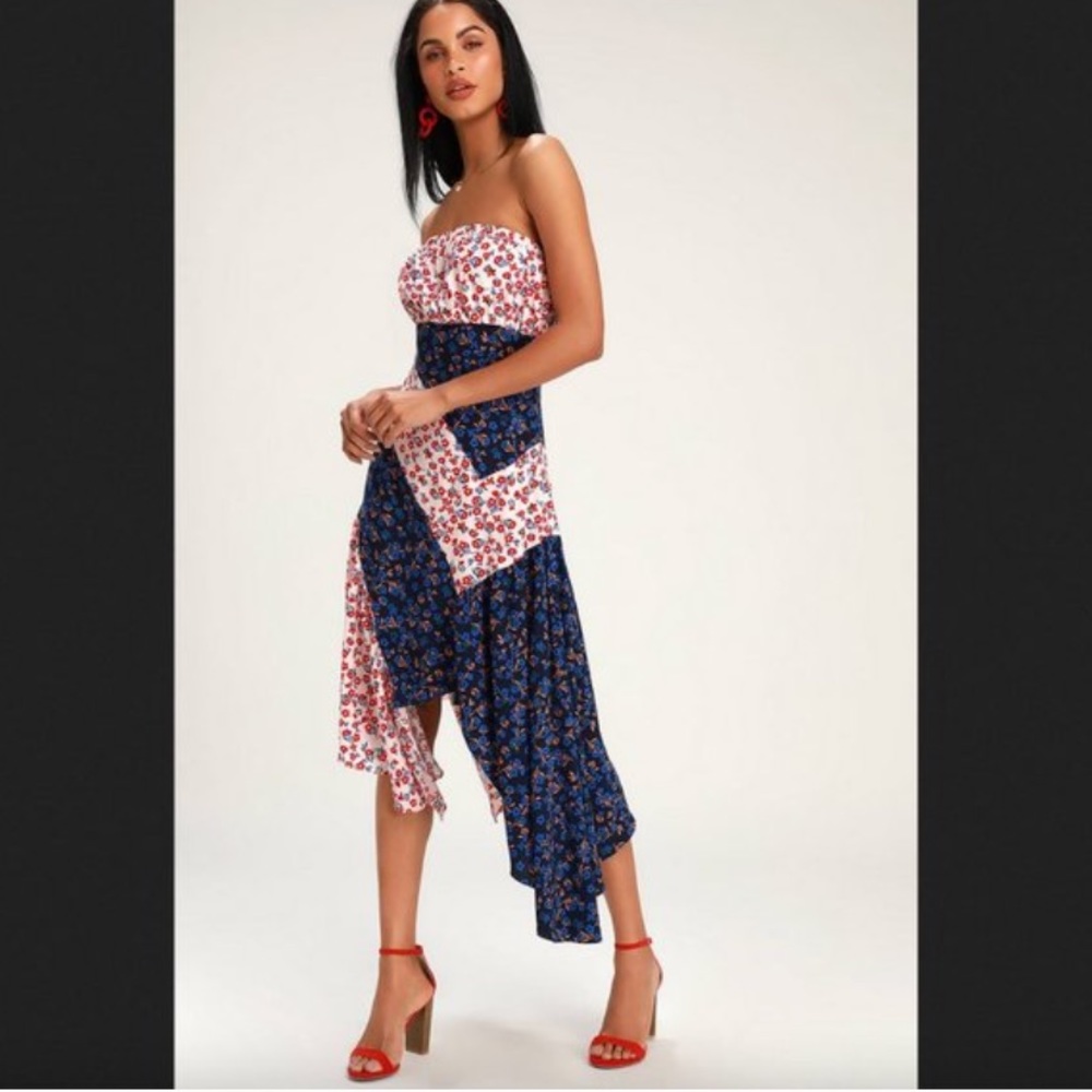 Lulu's Golden Hour Blush & Navy Floral Asymmetrical Strapless Midi Dress